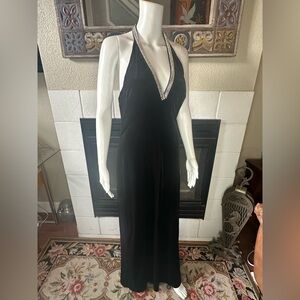 NWT JS Collection Black Halter Rhinestone Plunging Neckline Long Dress Size 10